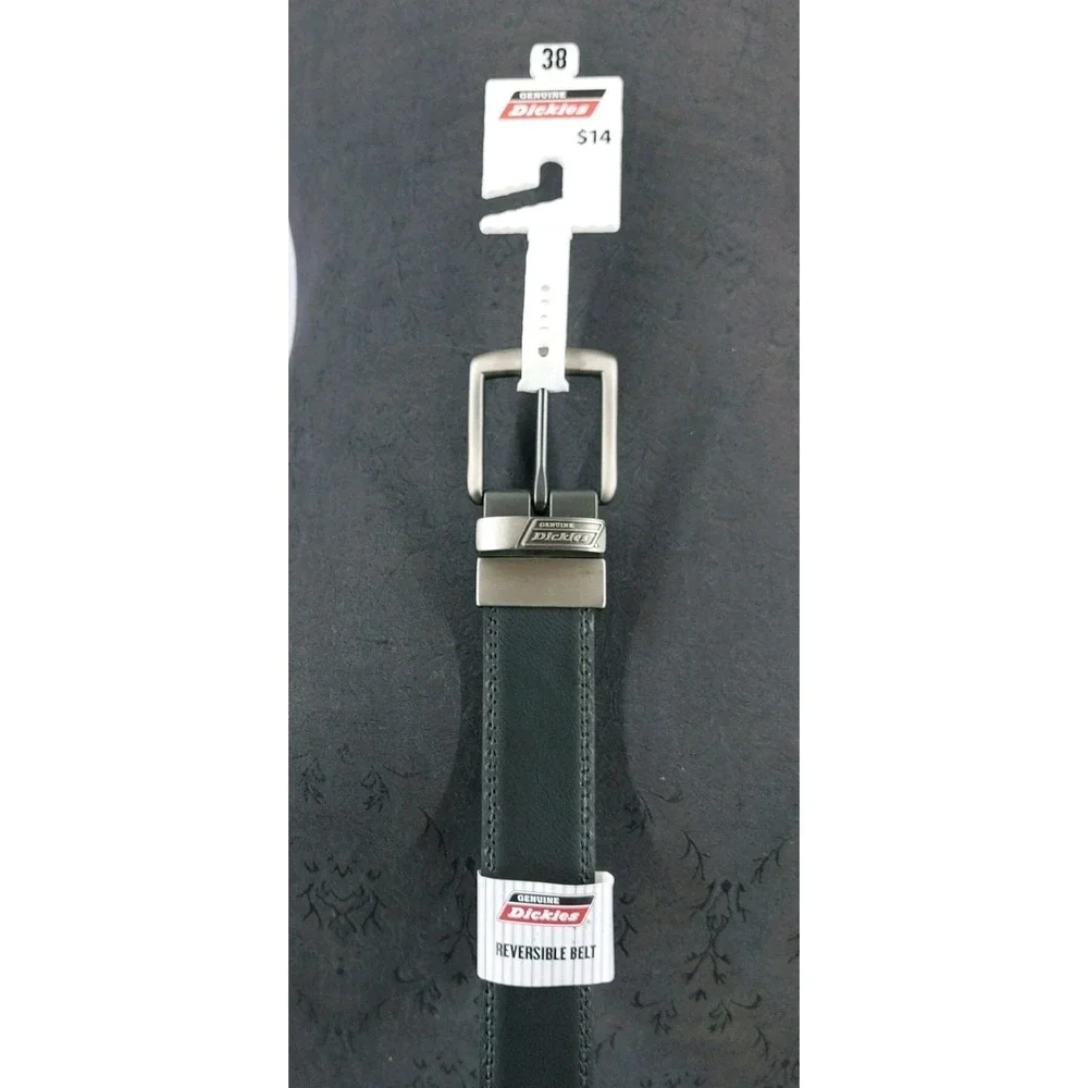 New Dickies Belt Black Brown Reversible Leather Mens 38 Gunmetal Buckle‎ New